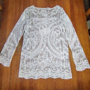 Phase One White Lace Long Sleeve Sheer Blouse Top Size S coquette fairy